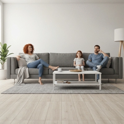 Clean home interior with a family relaxing, symbolizing peace of mind from effective pest control, no text, no words, no typography, clean image