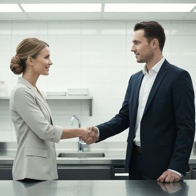 Two business professionals shaking hands in a clean commercial kitchen, symbolizing a successful partnership, bright lighting
