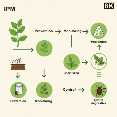Diagram illustrating Integrated Pest Management (IPM) steps, focusing on prevention, monitoring, and control, no text, no words, no typography, 8K