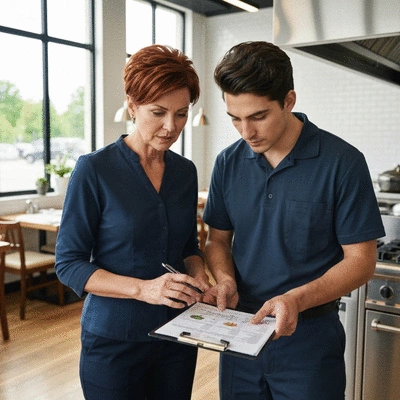 Restaurant owner reviewing pest control report with a technician, professional setting, no text, no words