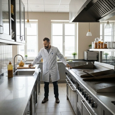 Professional pest control technician inspecting a restaurant kitchen for signs of pests, clean image, no text, no words