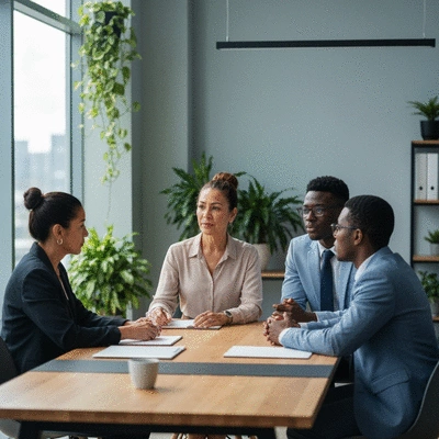 Diverse group of business professionals discussing sustainable pest control strategies in a modern office setting