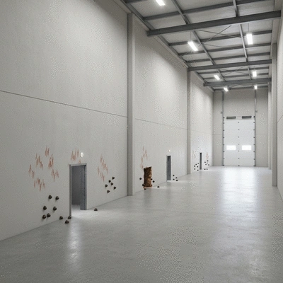 Detailed illustration of a warehouse interior with subtle signs of rodent activity like gnaw marks and droppings, focusing on potential entry points such as gaps in walls and under doors. Ultra high-quality, photorealistic, no text, no words, no typography, no labels, clean image.