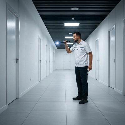 Professional pest control inspector examining a commercial building for signs of pests