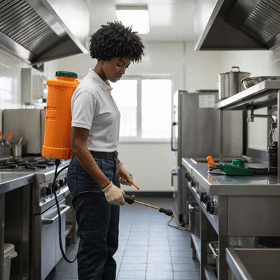 Pest control technician applying treatment in a commercial kitchen