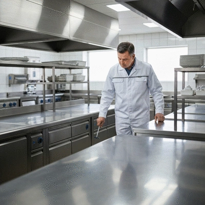 Professional pest control technician inspecting a commercial kitchen, wearing a uniform, clean environment, no text, no words, no typography, 8K
