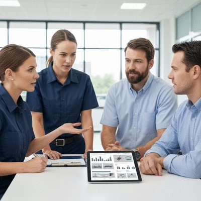 Pest control team discussing inspection findings with a commercial building manager