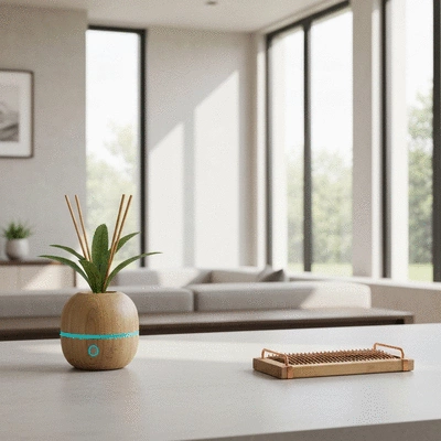 Modern home interior with subtle eco-friendly pest control methods visible, such as a plant-based repellent diffuser or a discreet trap, clean image, no text