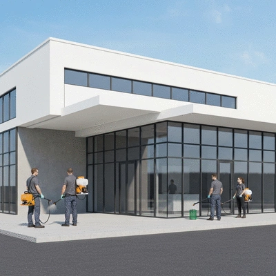 Commercial building exterior with pest control team