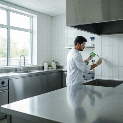 Professional pest control technician inspecting a commercial kitchen with eco-friendly equipment