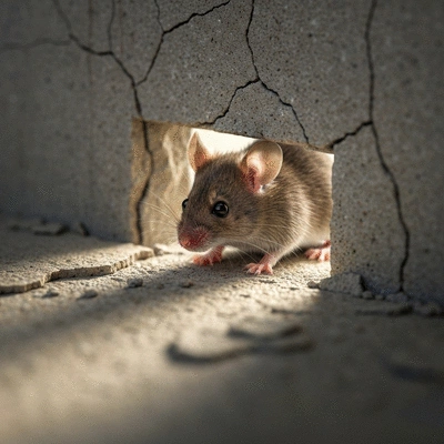 Close-up of a mouse peeking out from a small gap in a home's foundation, illustrating pest entry points, no text, no words, no typography, clean image
