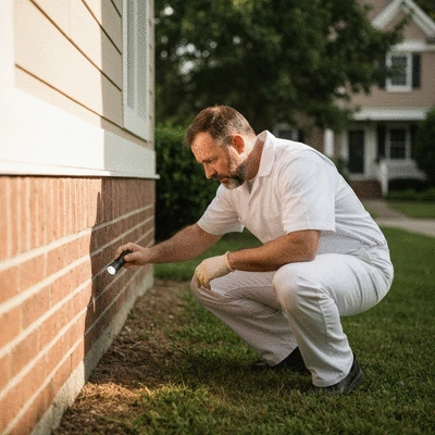 Pest control technician inspecting a home's foundation