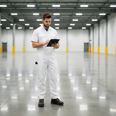 Professional pest control technician reviewing compliance documents on a tablet in a clean warehouse environment. Ultra high-quality, photorealistic, no text, no words, no typography, no labels, clean image.